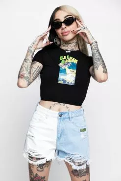 BROKEN PROMISES Womens UFO Cropped Black Tie Top