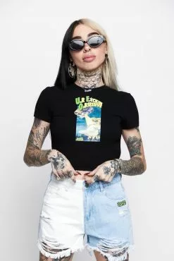 BROKEN PROMISES Womens UFO Cropped Black Tie Top