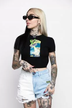 BROKEN PROMISES Womens UFO Cropped Black Tie Top