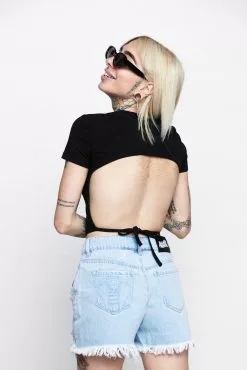 BROKEN PROMISES Womens UFO Cropped Black Tie Top