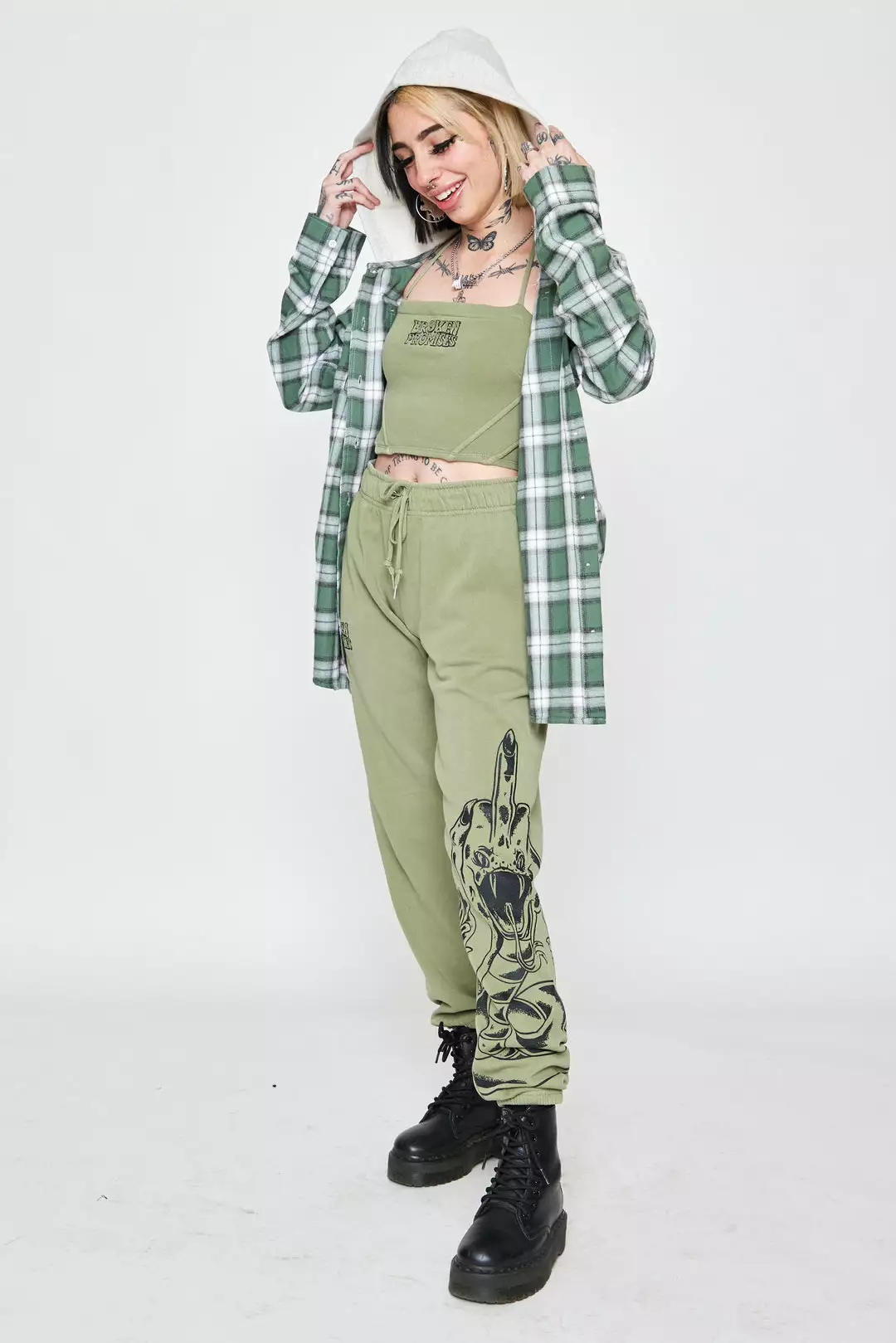 BROKEN PROMISES Fangs Hooded Flannel Green Shirts