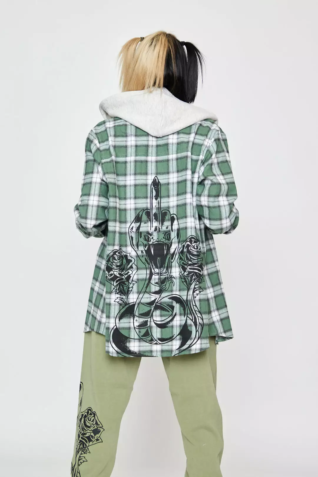 BROKEN PROMISES Fangs Hooded Flannel Green Shirts