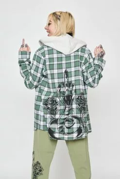 BROKEN PROMISES Fangs Hooded Flannel Green Shirts