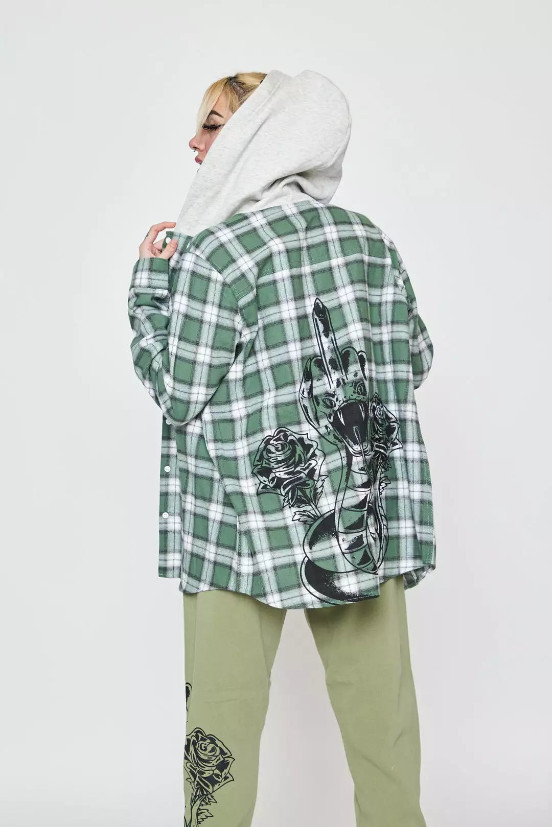 BROKEN PROMISES Fangs Hooded Flannel Green Shirts