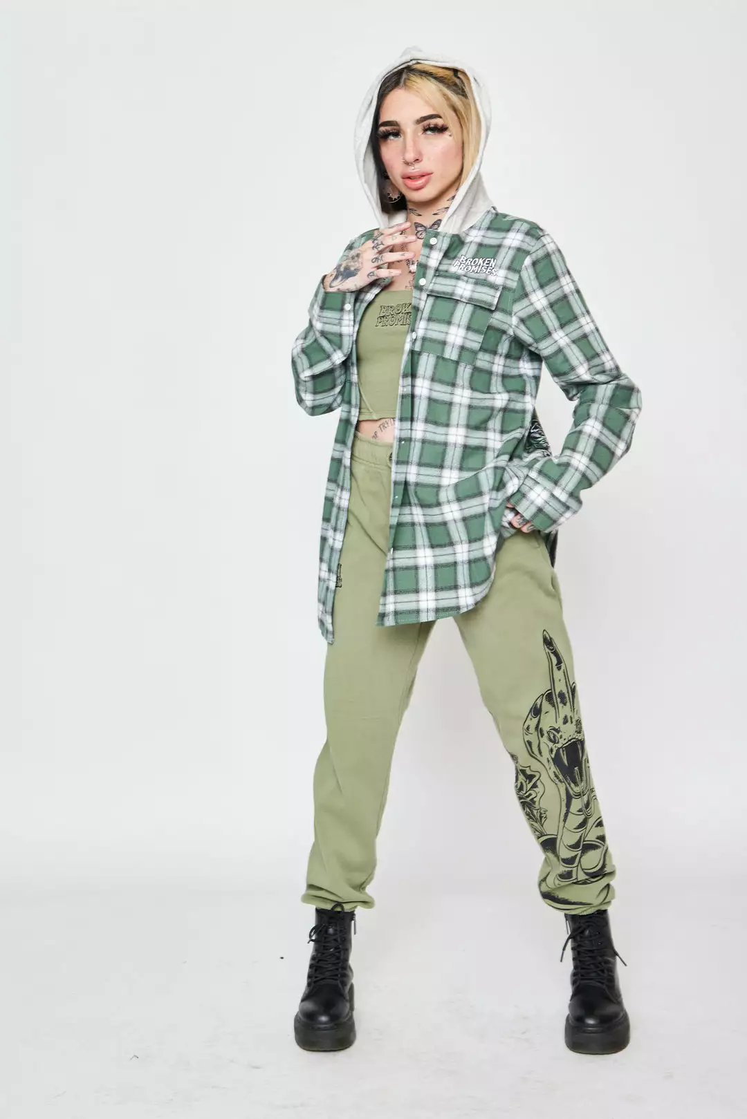 BROKEN PROMISES Fangs Hooded Flannel Green Shirts