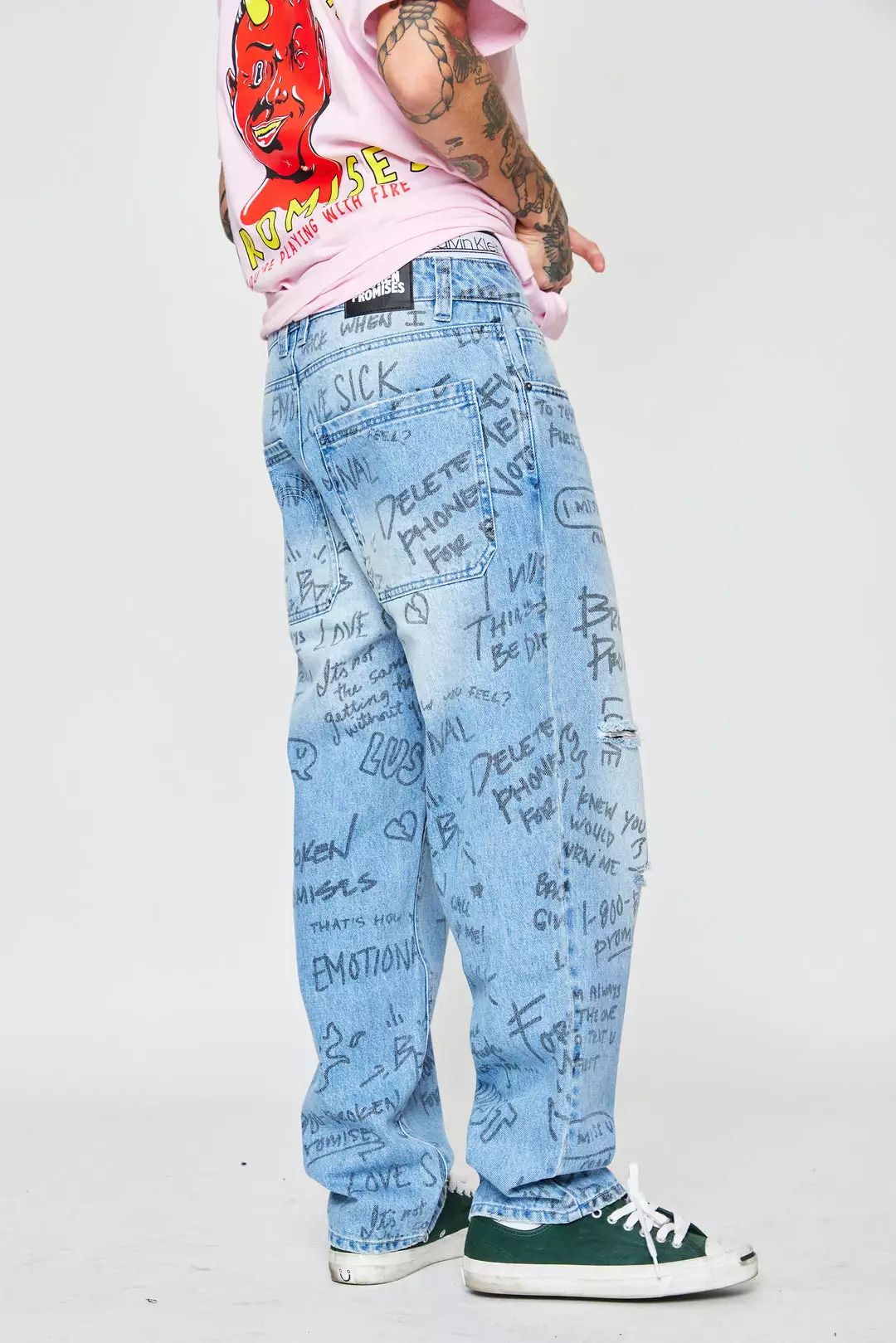 BROKEN PROMISES Bottoms Triple Text Denim