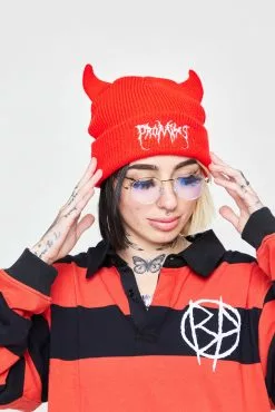 BROKEN PROMISES Graveyard Devil Horn Beanie - Red Headwear