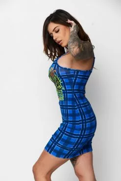BROKEN PROMISES Leash Plaid Dress Blue