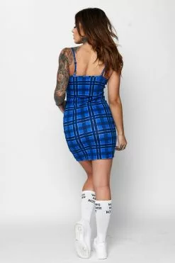 BROKEN PROMISES Leash Plaid Dress Blue