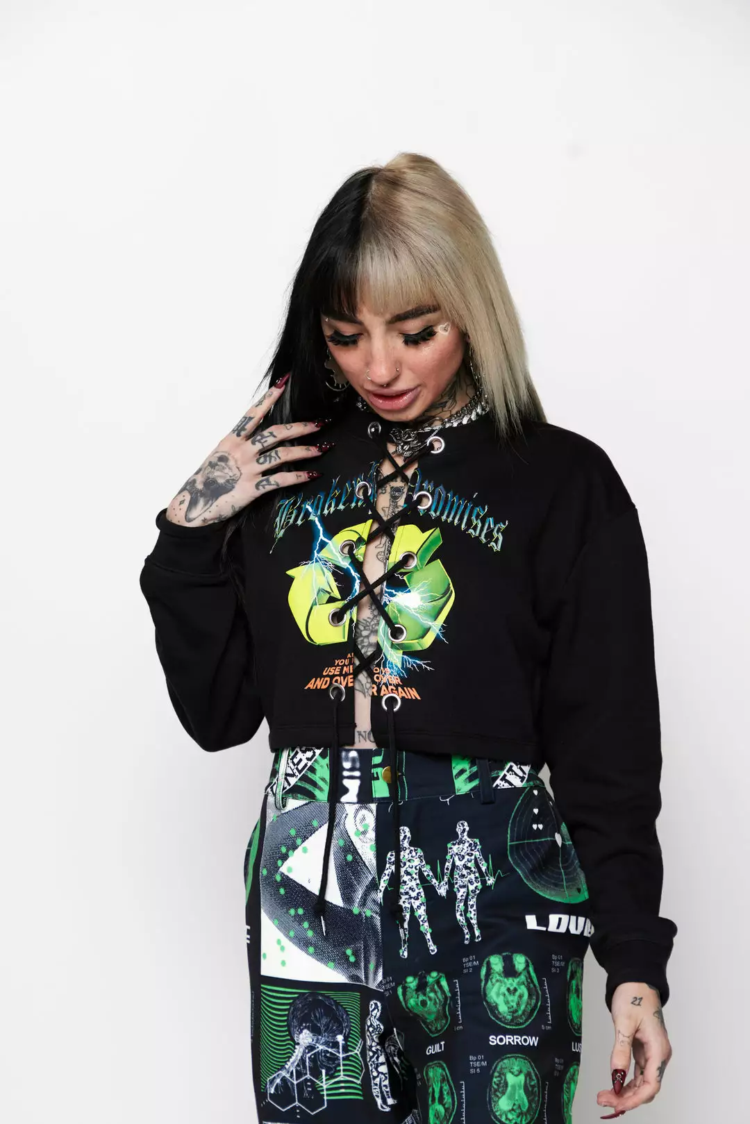 BROKEN PROMISES Garbage Lace Front Crew Sweatshirt