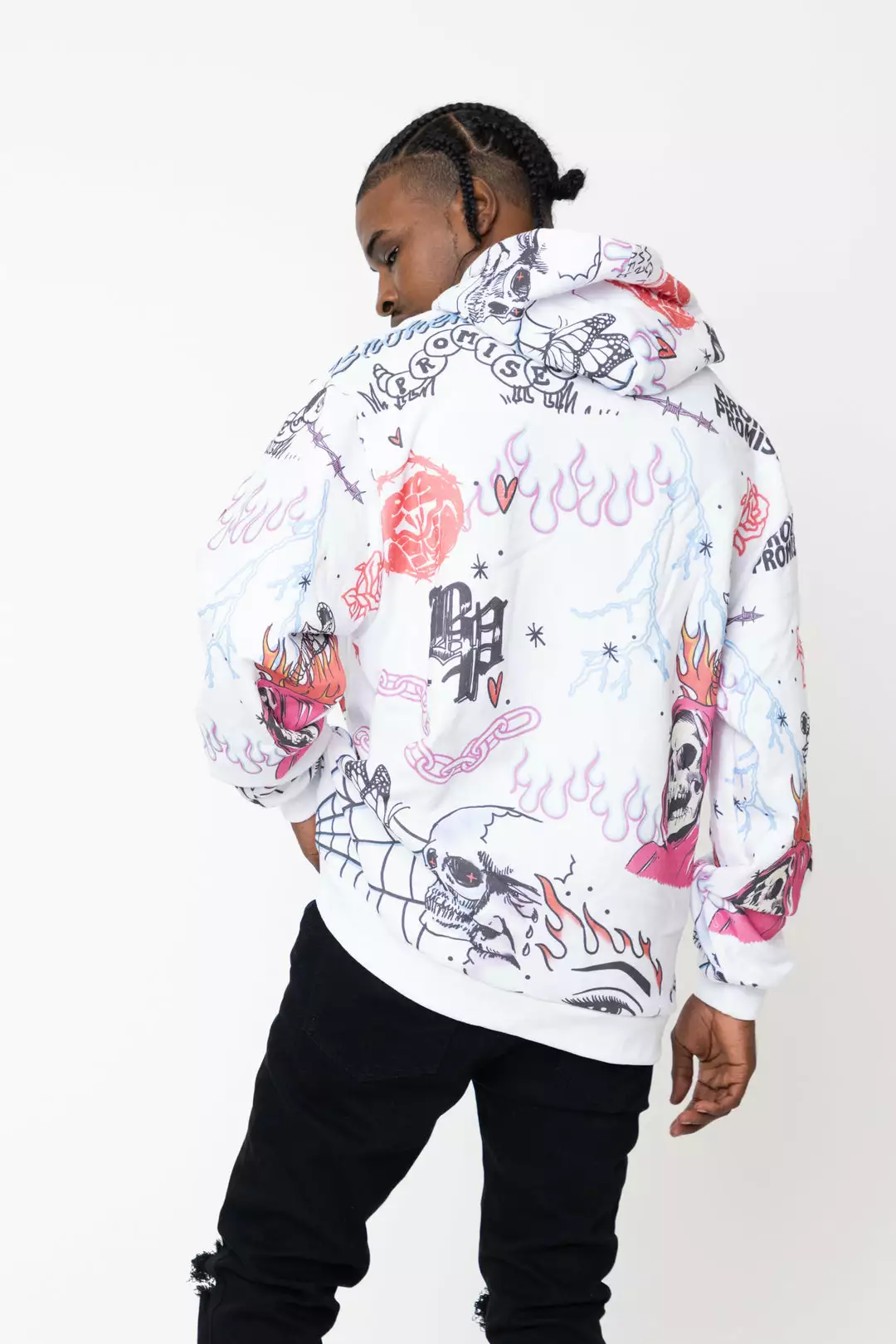 BROKEN PROMISES Let's Roll AOP Hoodie White