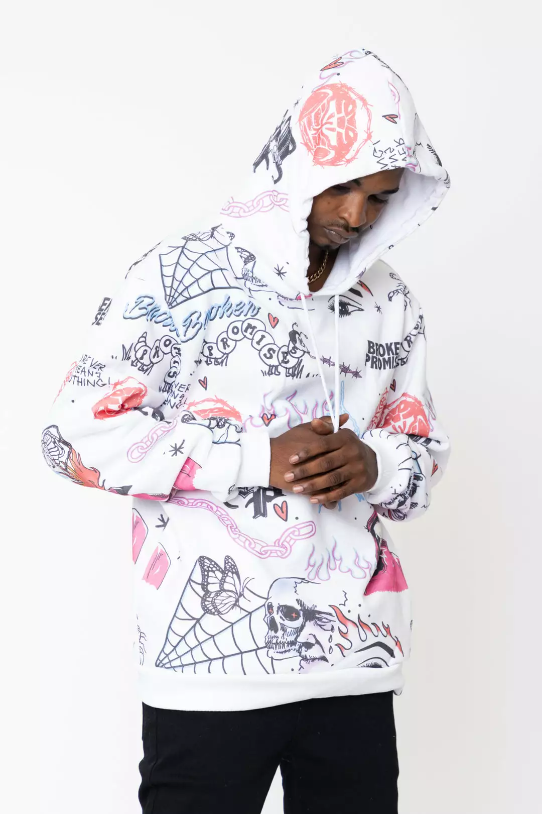BROKEN PROMISES Let's Roll AOP Hoodie White