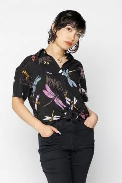 BROKEN PROMISES Womens Dragonflies Tie Front Top Button Up