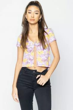 BROKEN PROMISES Womens Scorpion Vines Tie Front Top Purple