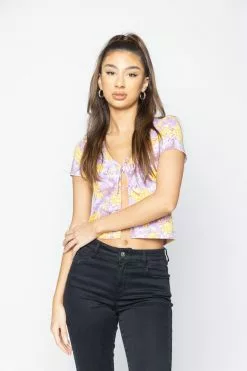 BROKEN PROMISES Womens Scorpion Vines Tie Front Top Purple