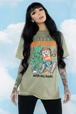 BROKEN PROMISES With My Buds Mineral Wash Olive Tee - BPxYH