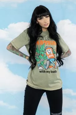 BROKEN PROMISES With My Buds Mineral Wash Olive Tee - BPxYH