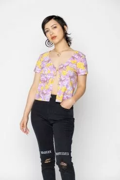 BROKEN PROMISES Womens Scorpion Vines Tie Front Top Purple