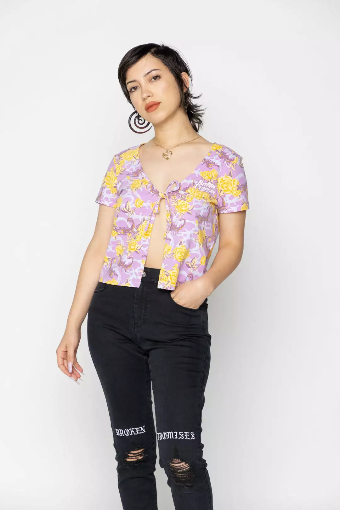 BROKEN PROMISES Womens Scorpion Vines Tie Front Top Purple