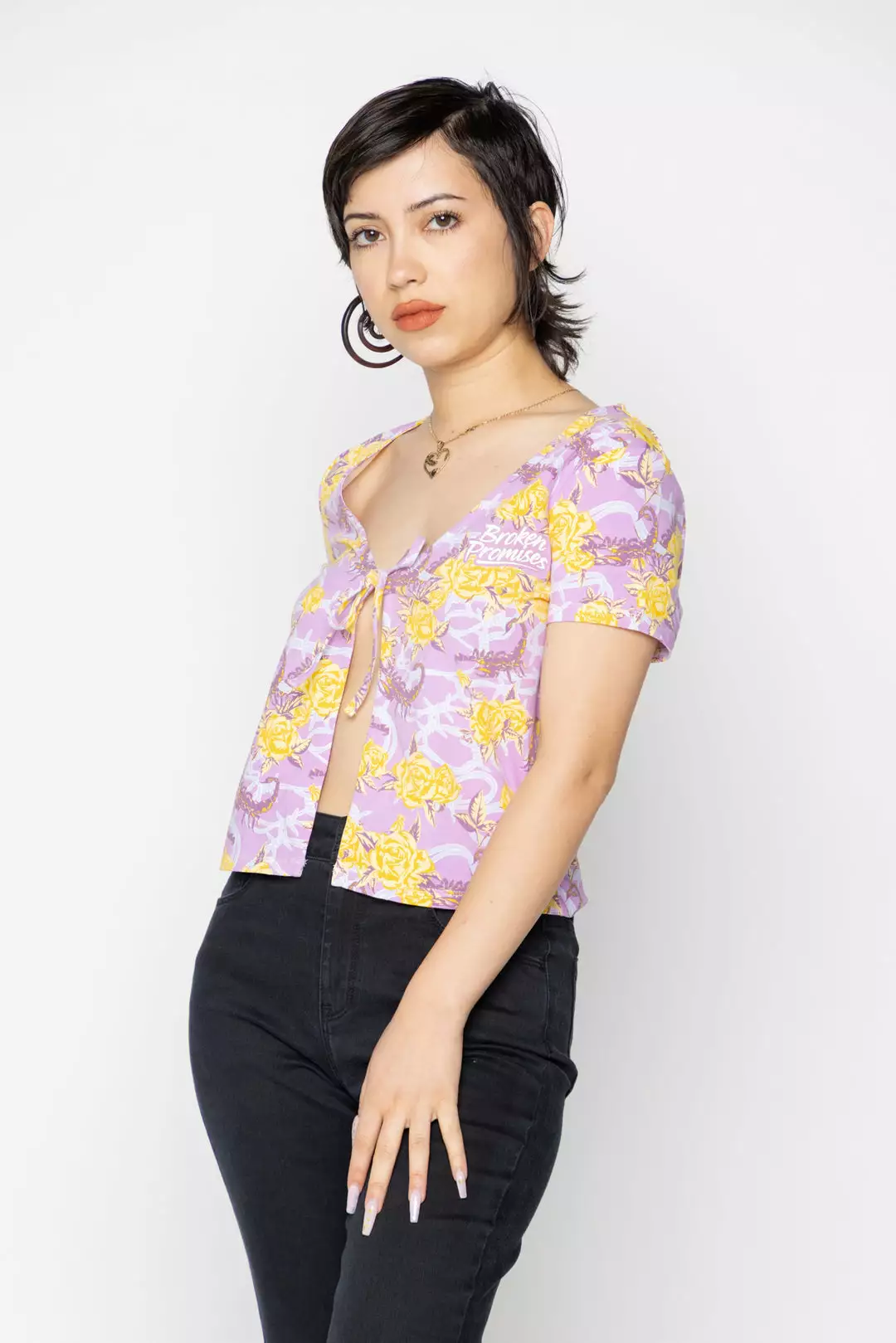 BROKEN PROMISES Womens Scorpion Vines Tie Front Top Purple