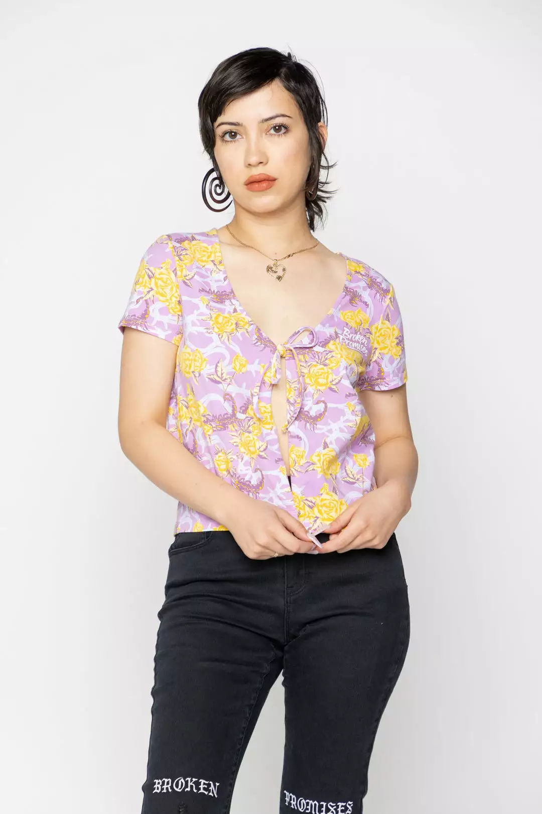 BROKEN PROMISES Womens Scorpion Vines Tie Front Top Purple