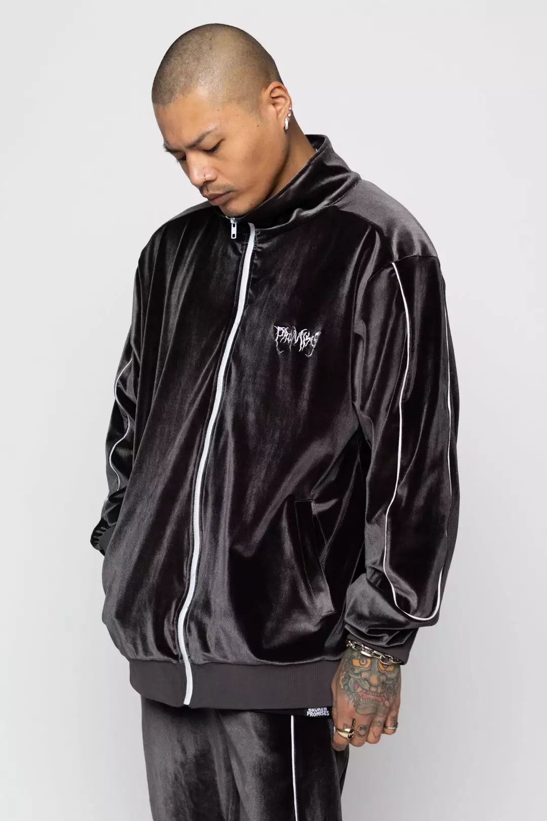 BROKEN PROMISES Sets Graveyard Velour Track Jacket - Charcoal