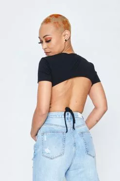 BROKEN PROMISES Womens UFO Cropped Black Tie Top